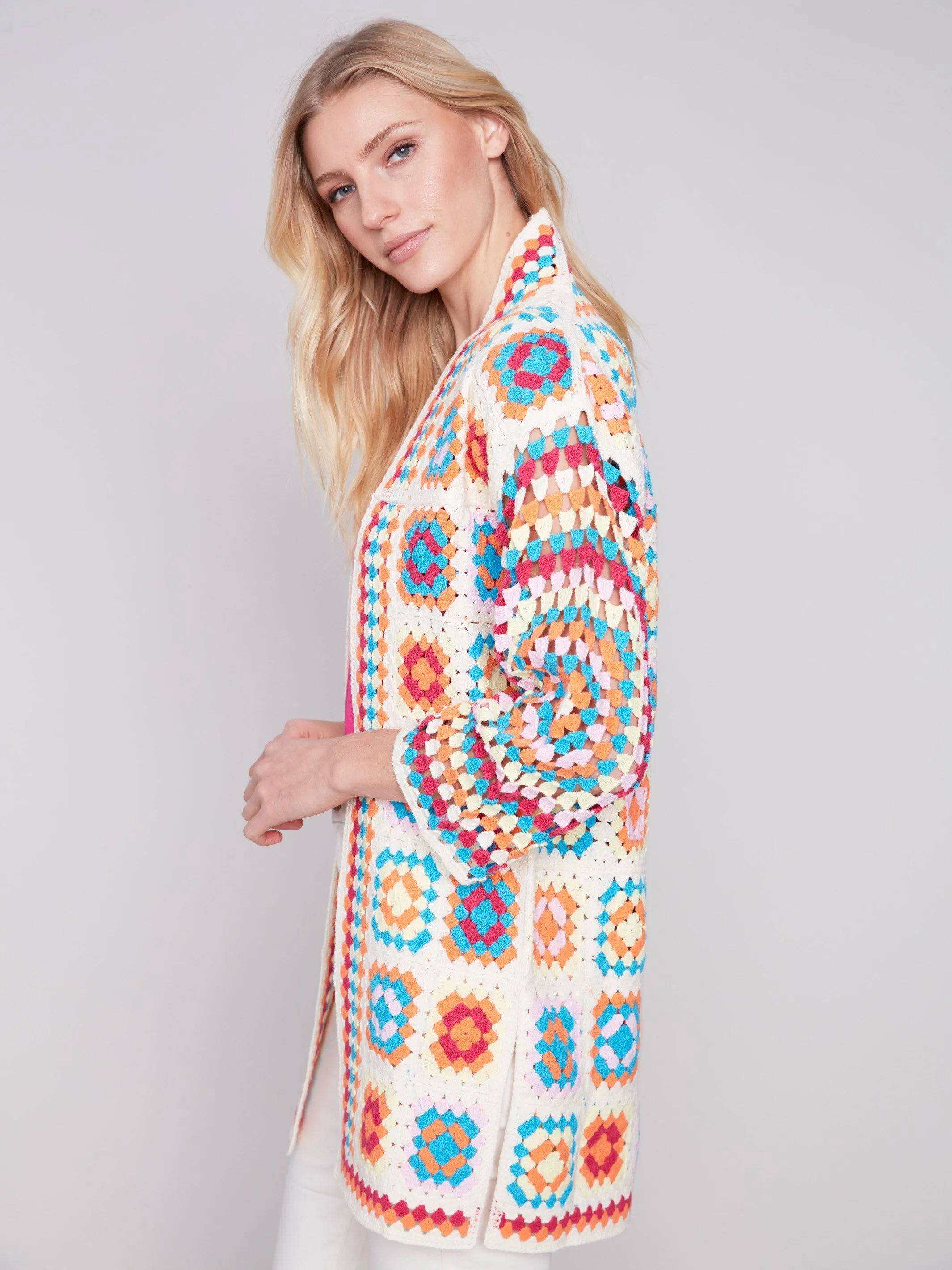 Long Color Block Crochet Cardigan - Punch