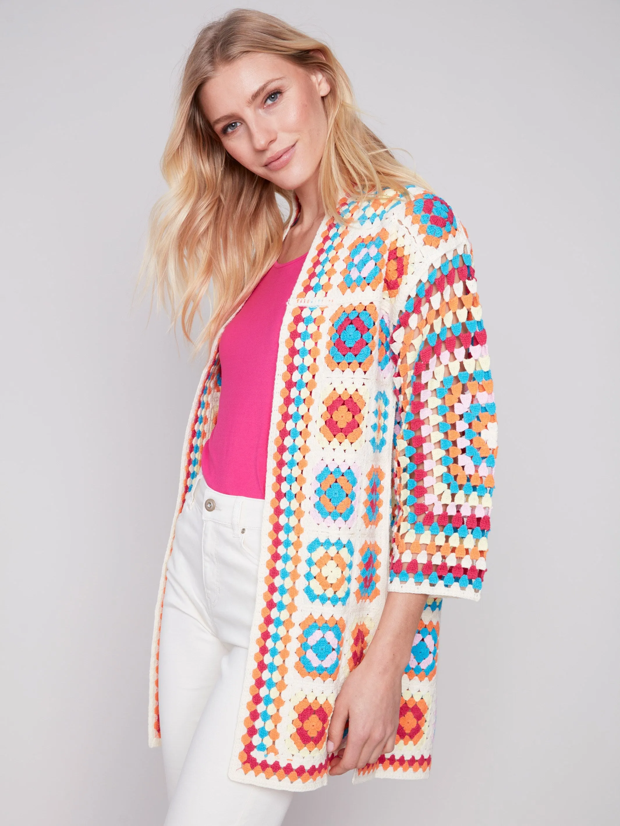 Long Color Block Crochet Cardigan - Punch