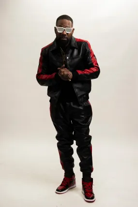 Men's Leather Track Suit Sweatsuit [Black/Red]