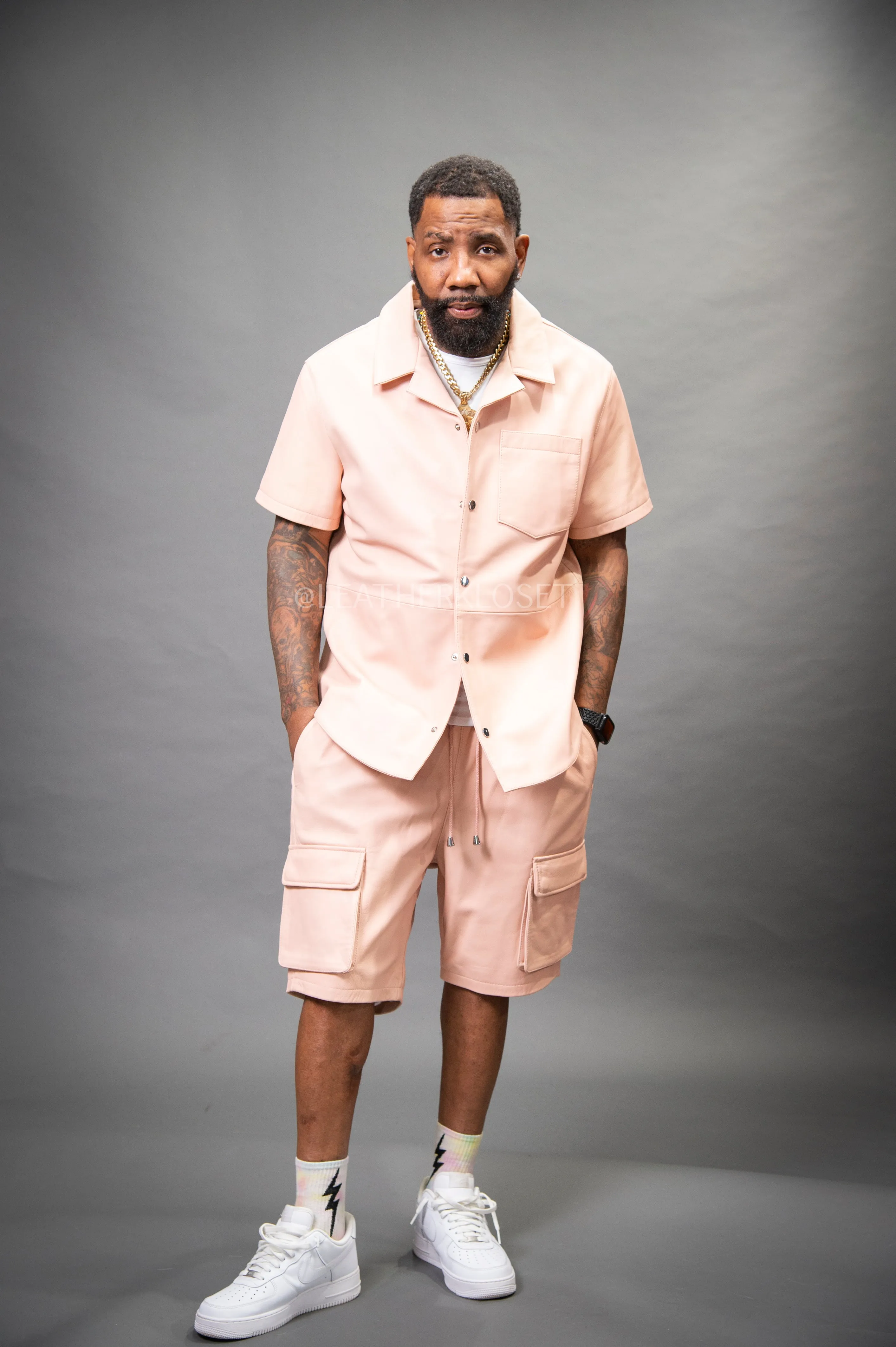 Men's Summer In Miami Leather Shirt And Cargo Shorts Set [Baby Pink]