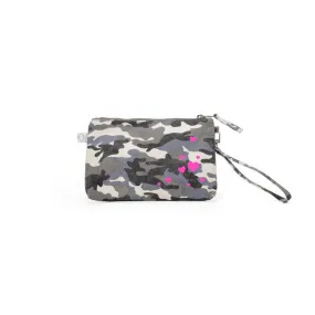 Mini Luxe Clutch with Wristlet: Grey Camouflage Neon Pink Scatter Hearts