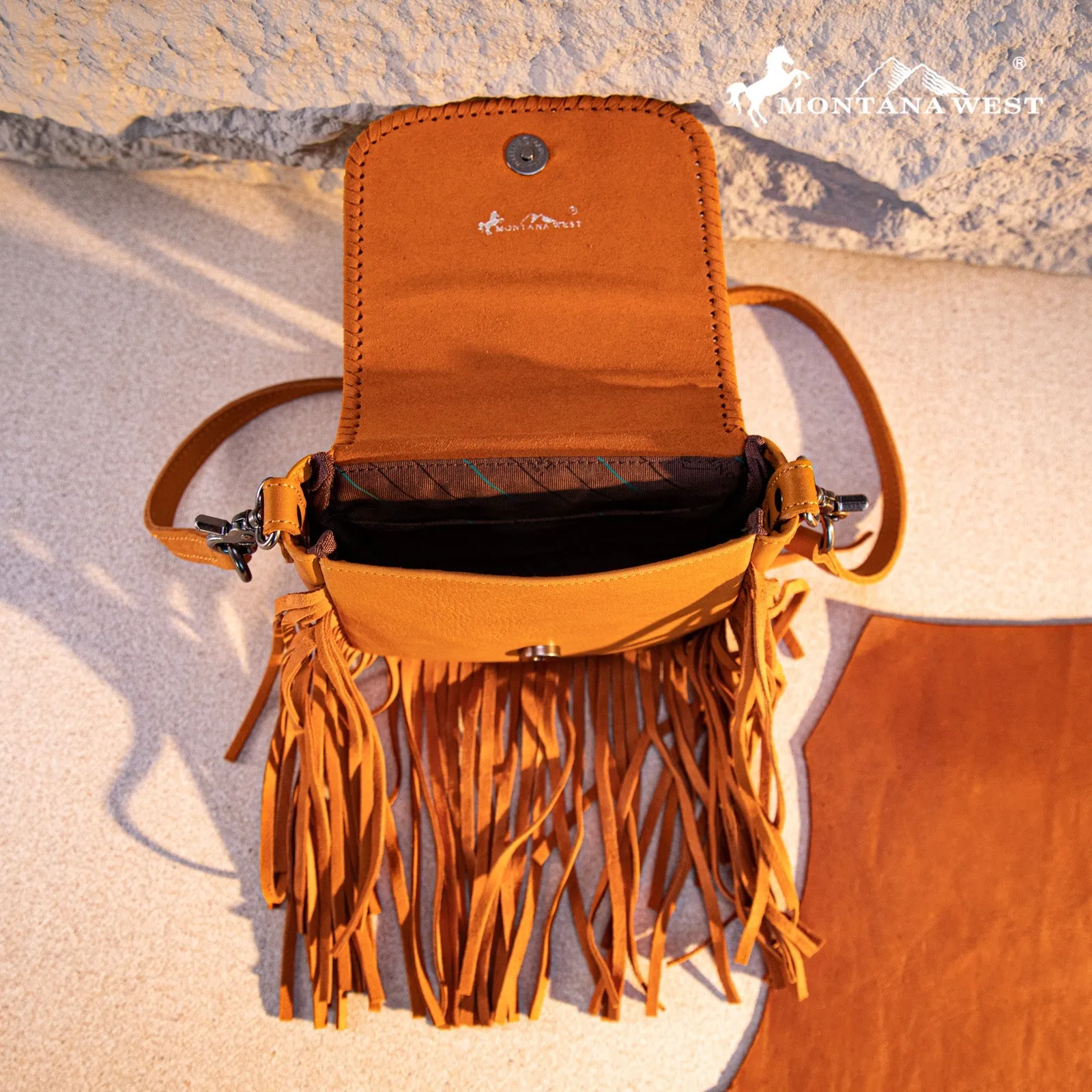 Montana West Genuine Leather Tooled Fringe Crossbody