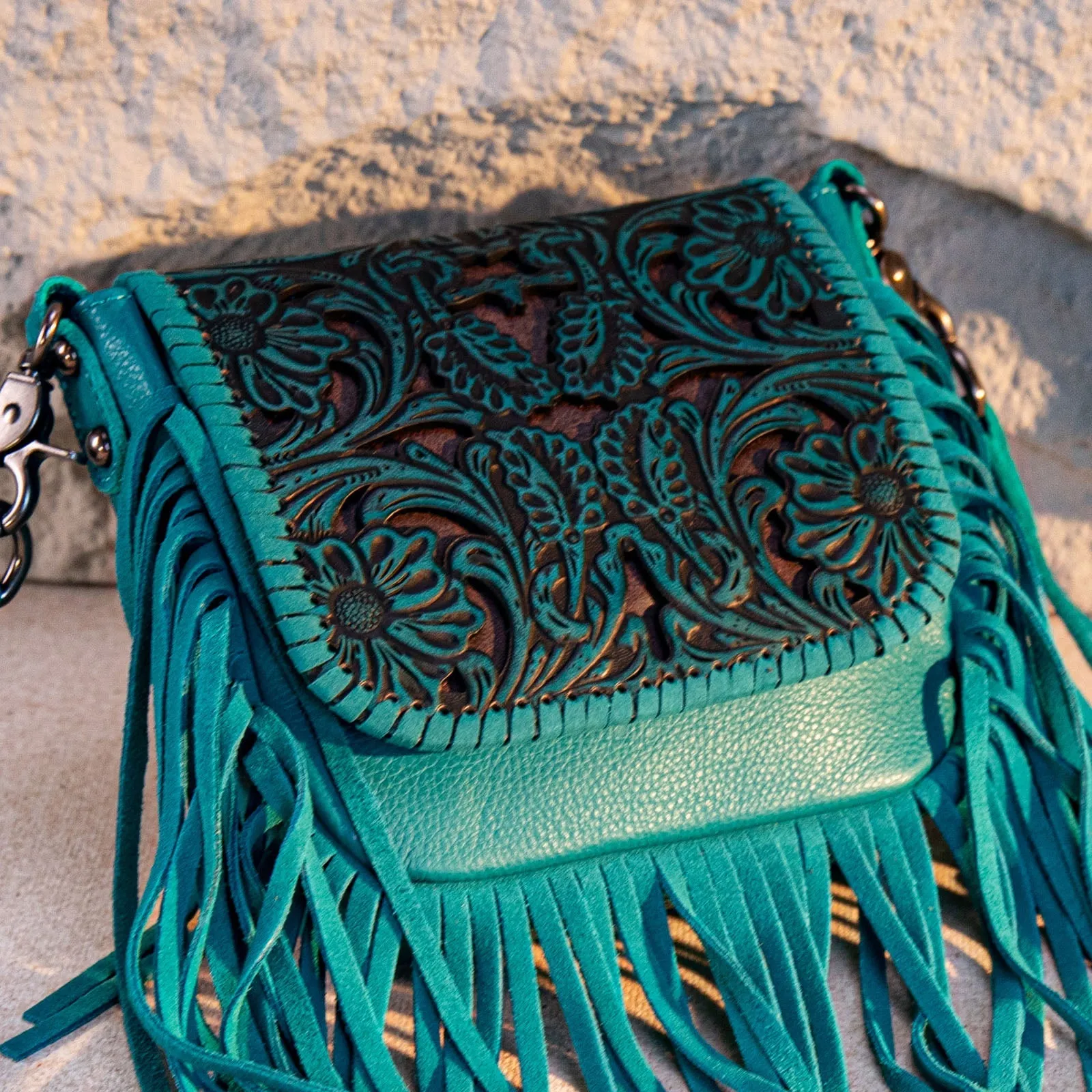 Montana West Genuine Leather Tooled Fringe Crossbody