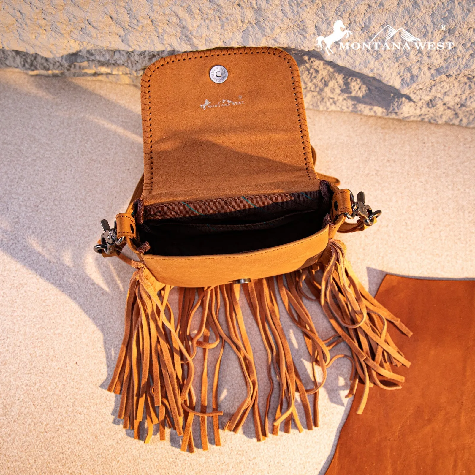 Montana West Genuine Leather Tooled Fringe Crossbody