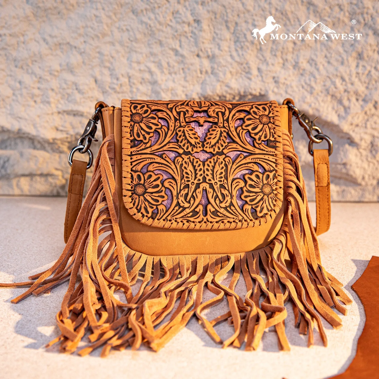 Montana West Genuine Leather Tooled Fringe Crossbody