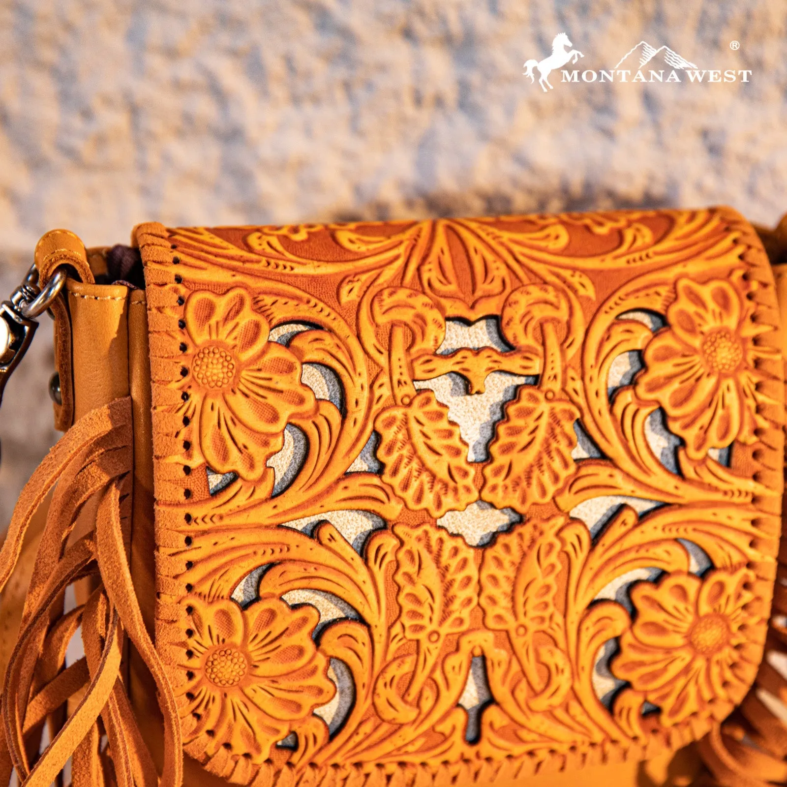 Montana West Genuine Leather Tooled Fringe Crossbody