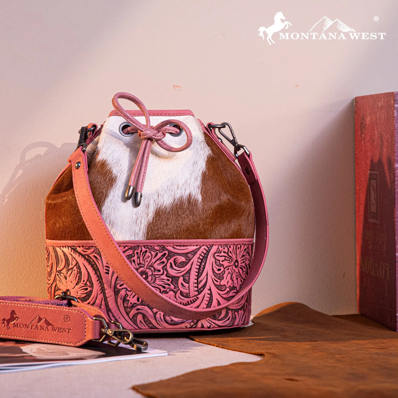 MW1275-8360 Montana West Cowhide Tooled Bucket Shoulder/Crossbody Bag-Pink