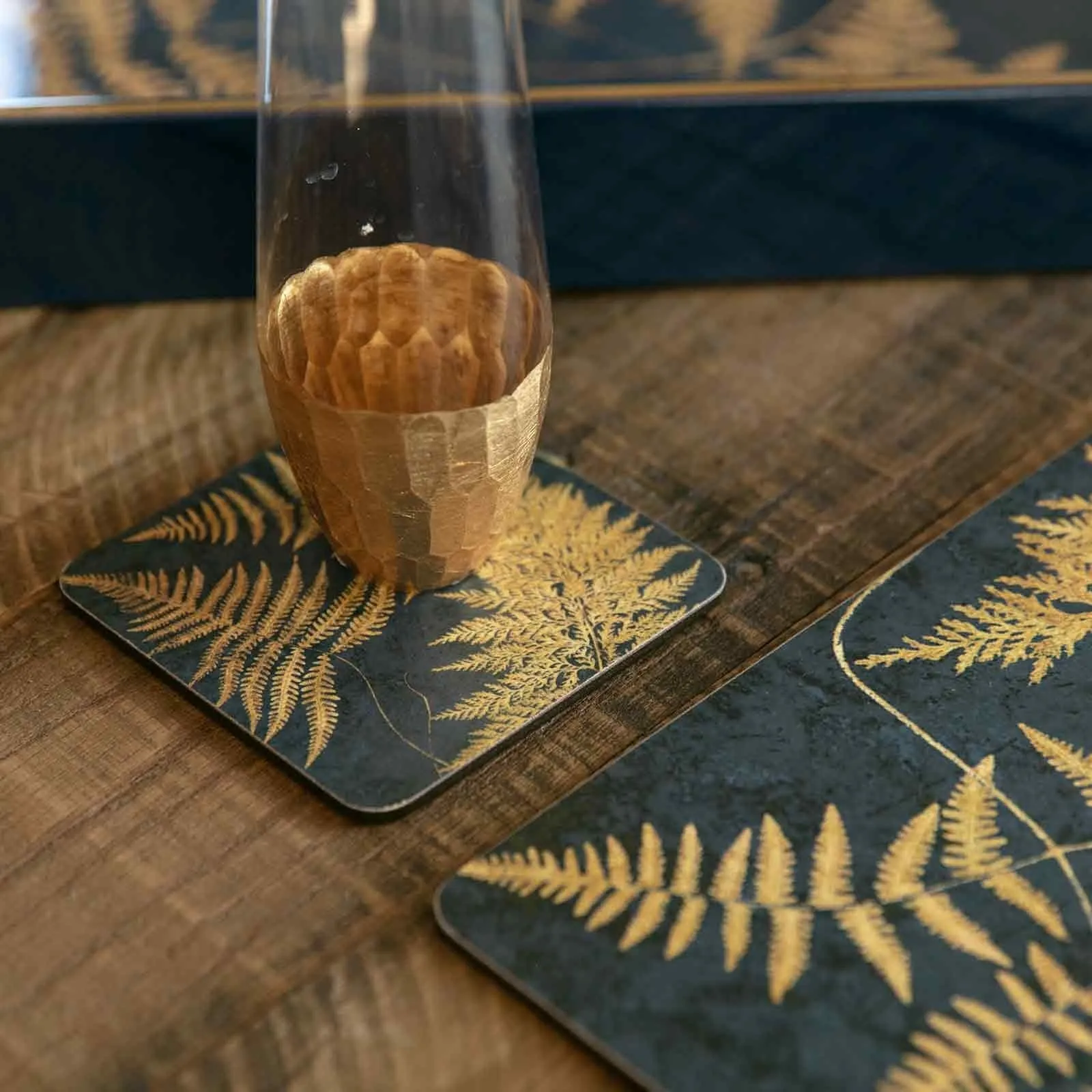 Navy Gilded Ferns Square Art Coasters - Set of 4