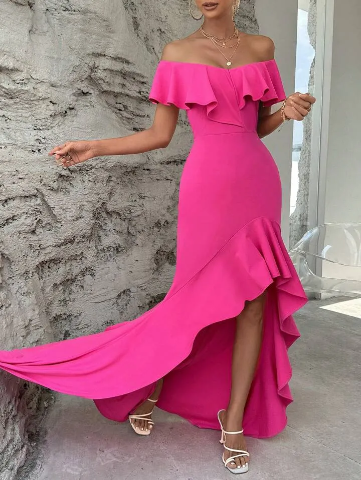 Off Shoulder ruffle trim high low mermaid hem dress