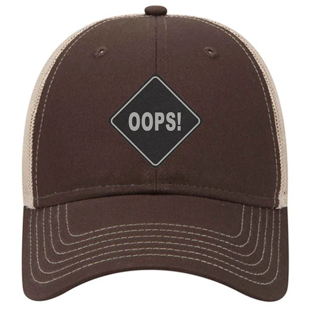 Oops Leatherette Patch 6 Panel Low Profile Mesh Back Trucker Hat for Men and Women