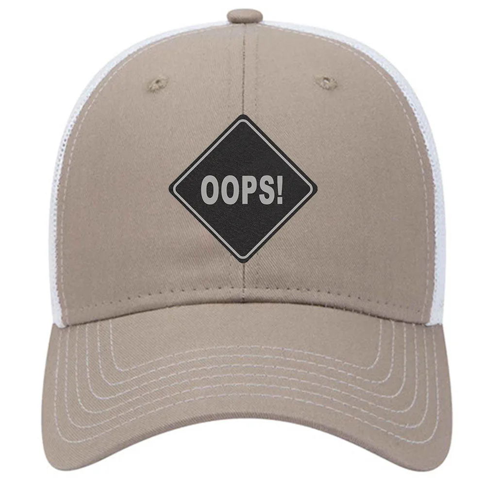 Oops Leatherette Patch 6 Panel Low Profile Mesh Back Trucker Hat for Men and Women