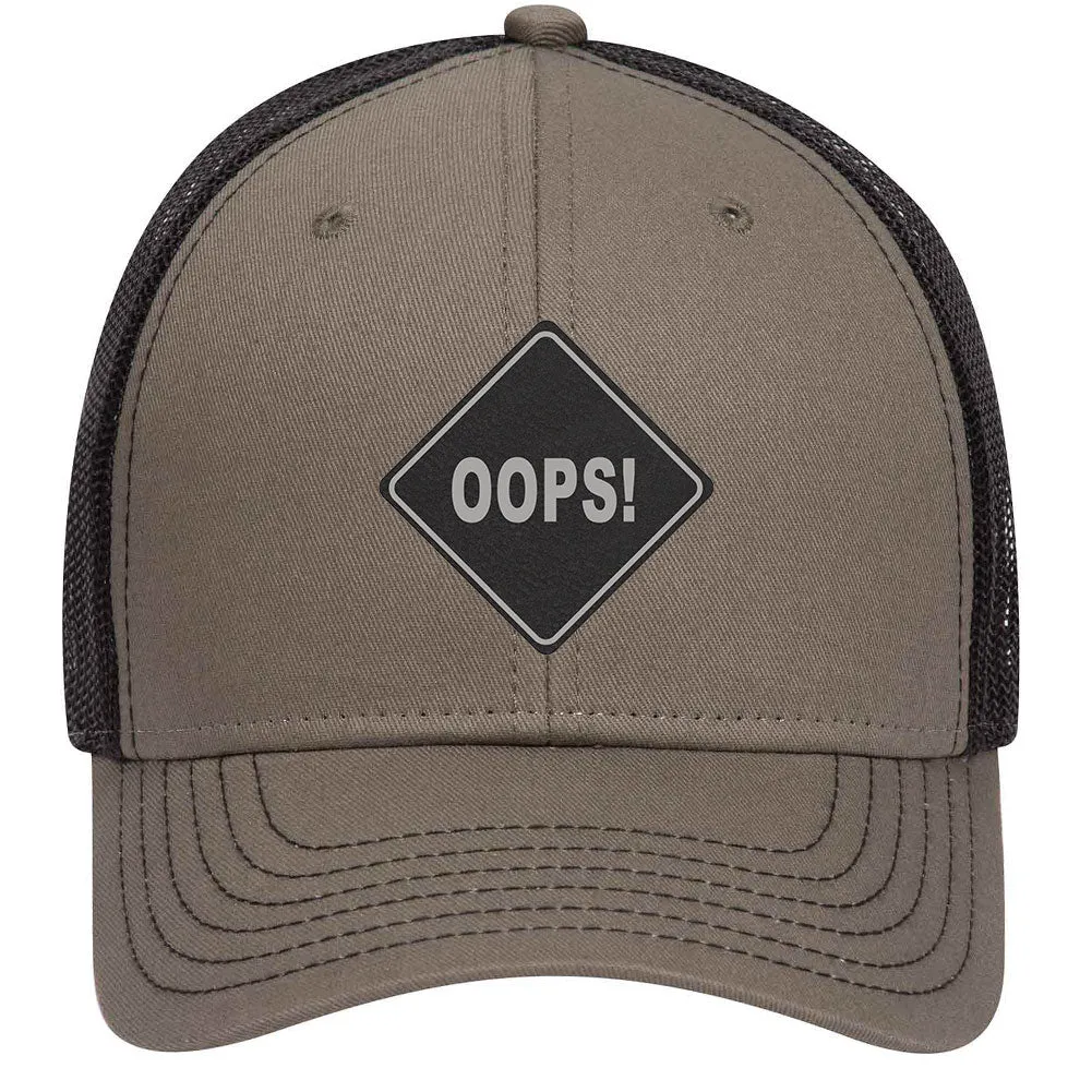 Oops Leatherette Patch 6 Panel Low Profile Mesh Back Trucker Hat for Men and Women