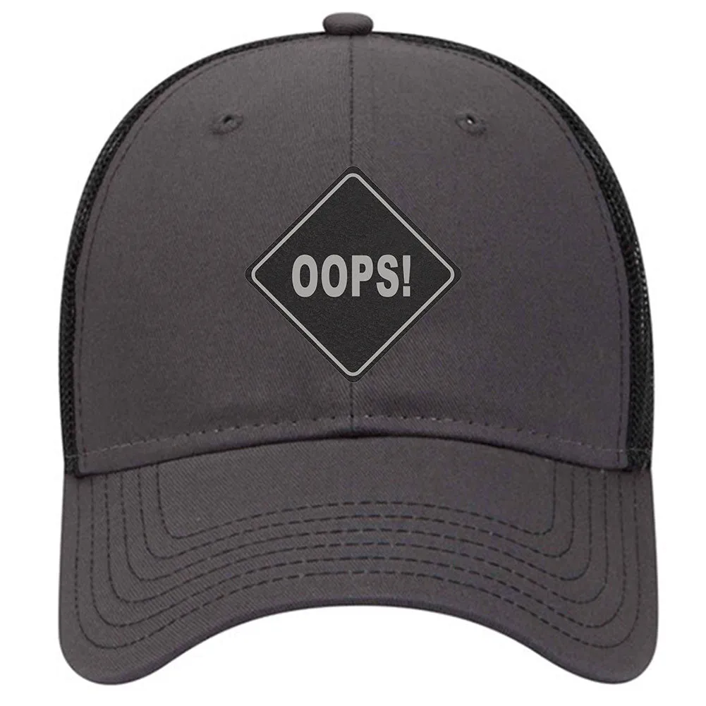 Oops Leatherette Patch 6 Panel Low Profile Mesh Back Trucker Hat for Men and Women