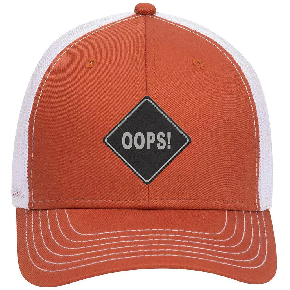 Oops Leatherette Patch 6 Panel Low Profile Mesh Back Trucker Hat for Men and Women