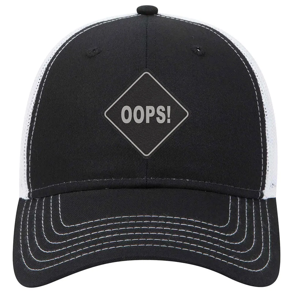 Oops Leatherette Patch 6 Panel Low Profile Mesh Back Trucker Hat for Men and Women