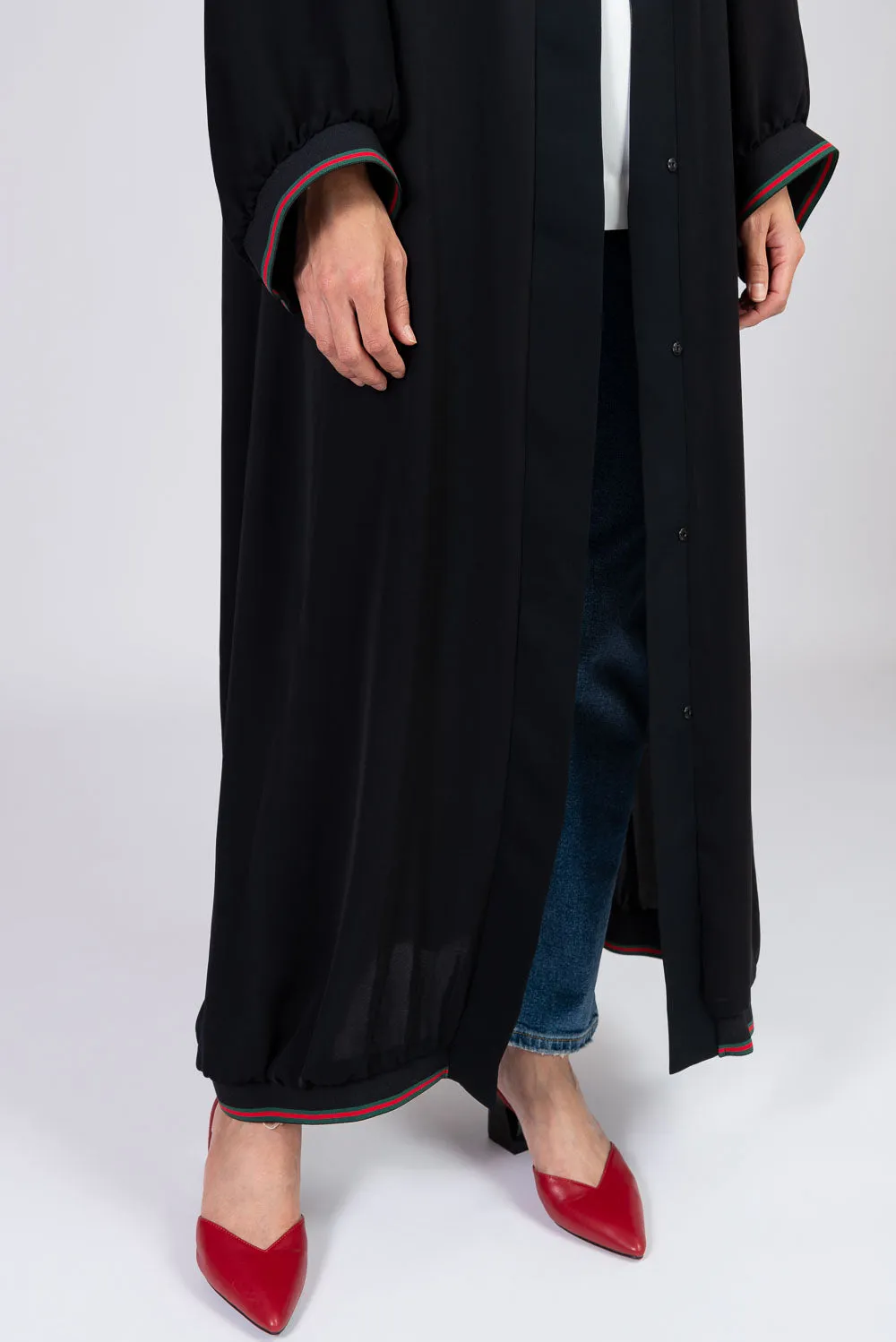 PETITE Black Abaya with Red and Green Stripes