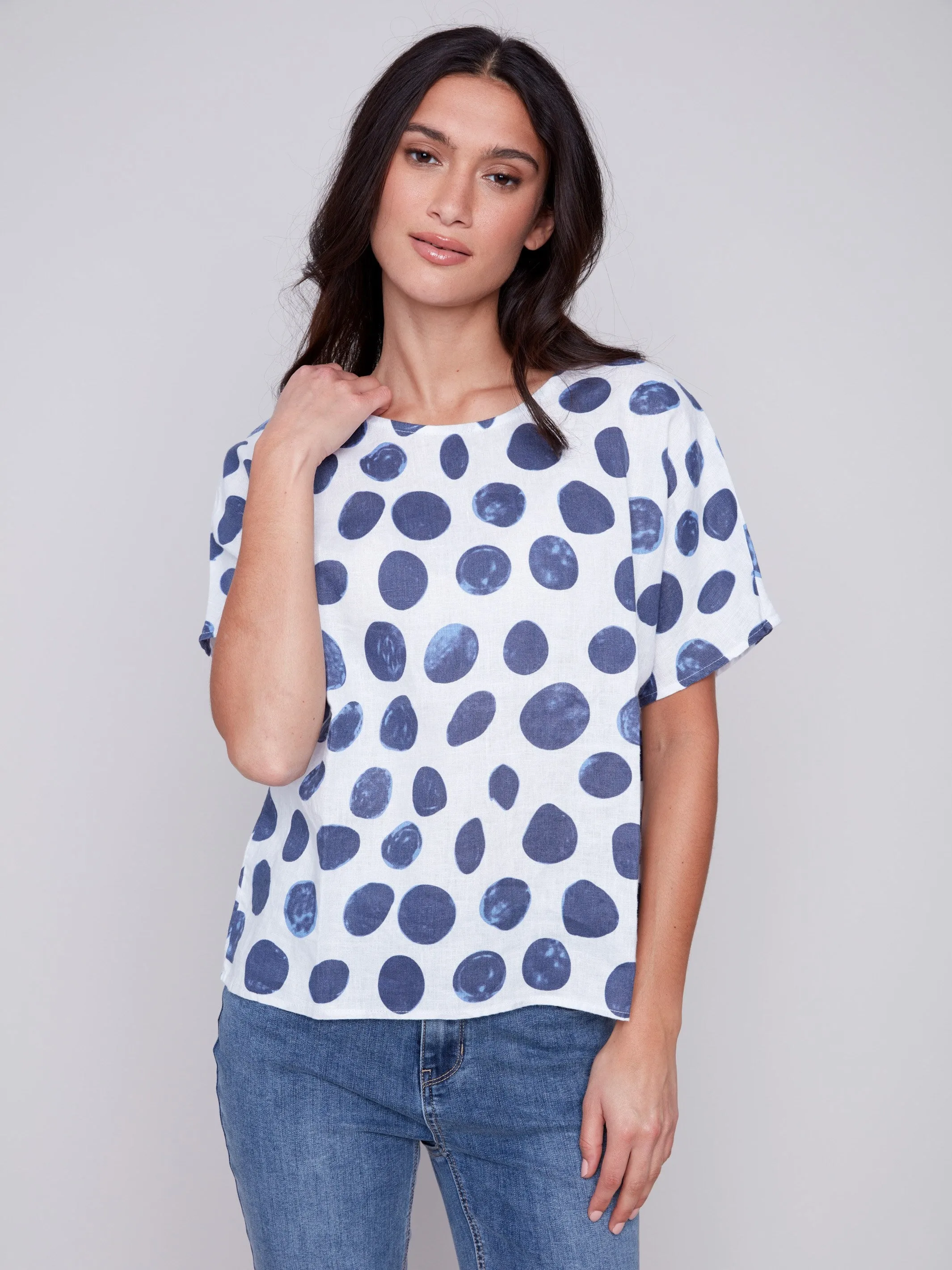 Printed Linen Dolman Top - Dots