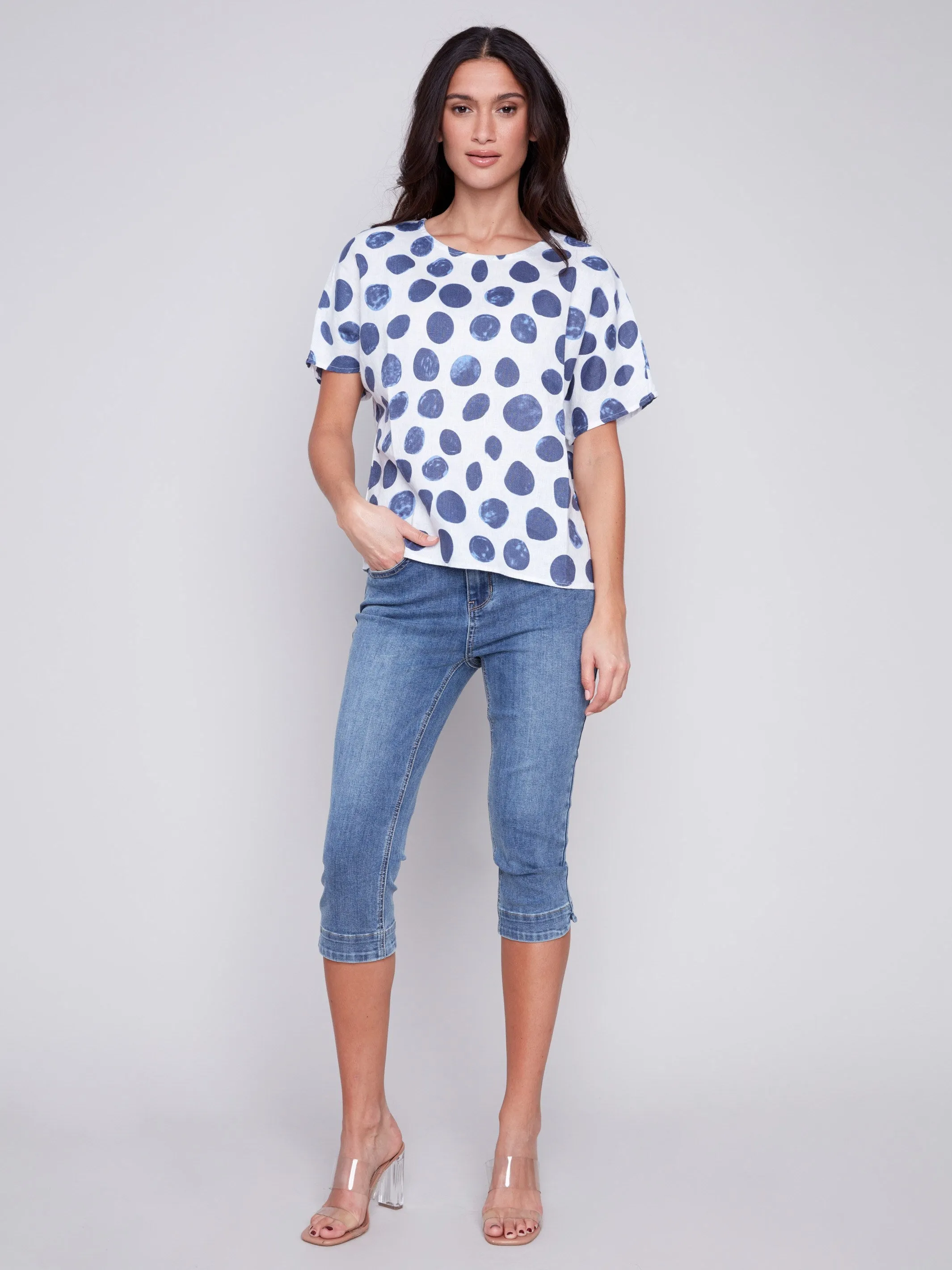 Printed Linen Dolman Top - Dots