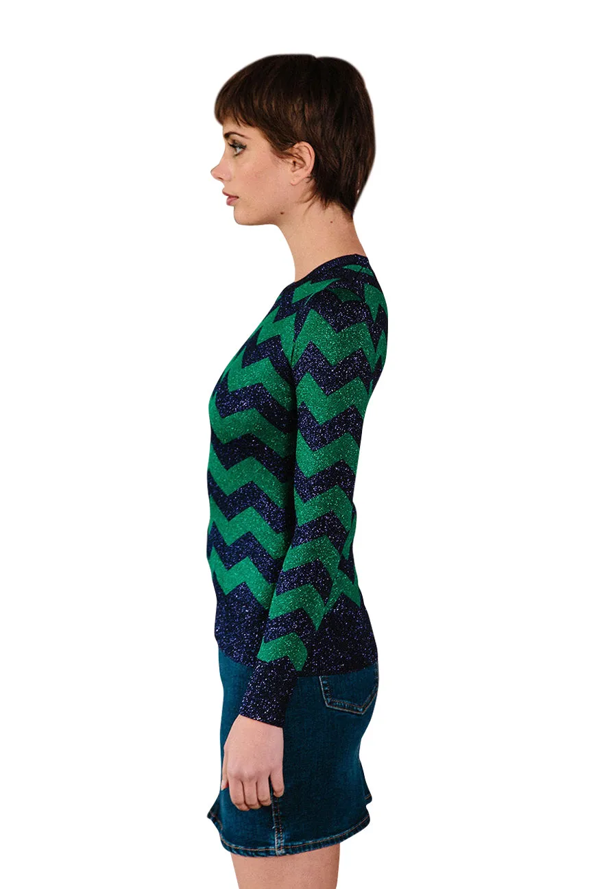 Purple/Emerald Zig Zag Lurex Crew Neck