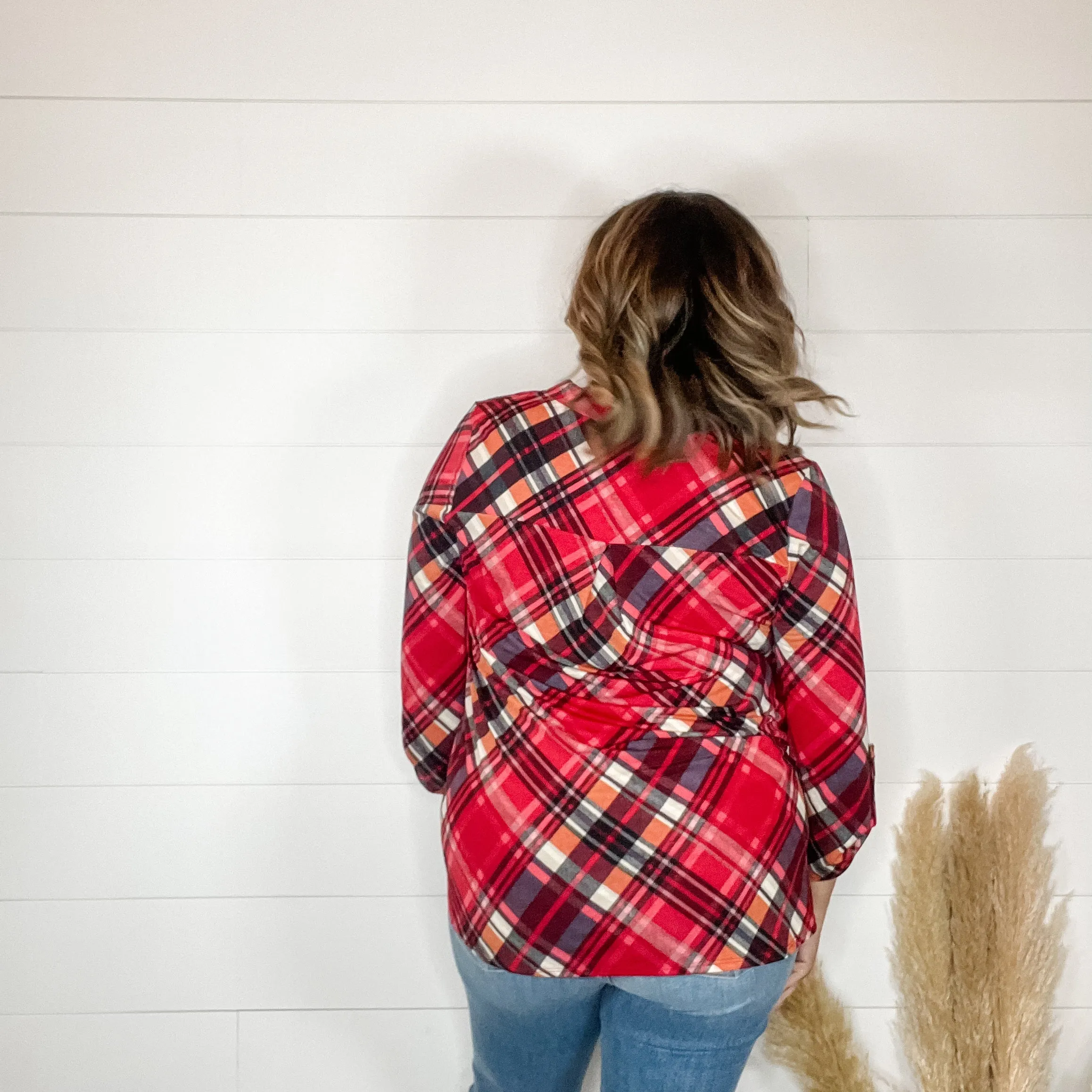 "Apple Crisp" Plaid Lizzy 3/4 Sleeve Split Neck