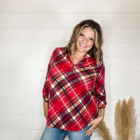 "Apple Crisp" Plaid Lizzy 3/4 Sleeve Split Neck