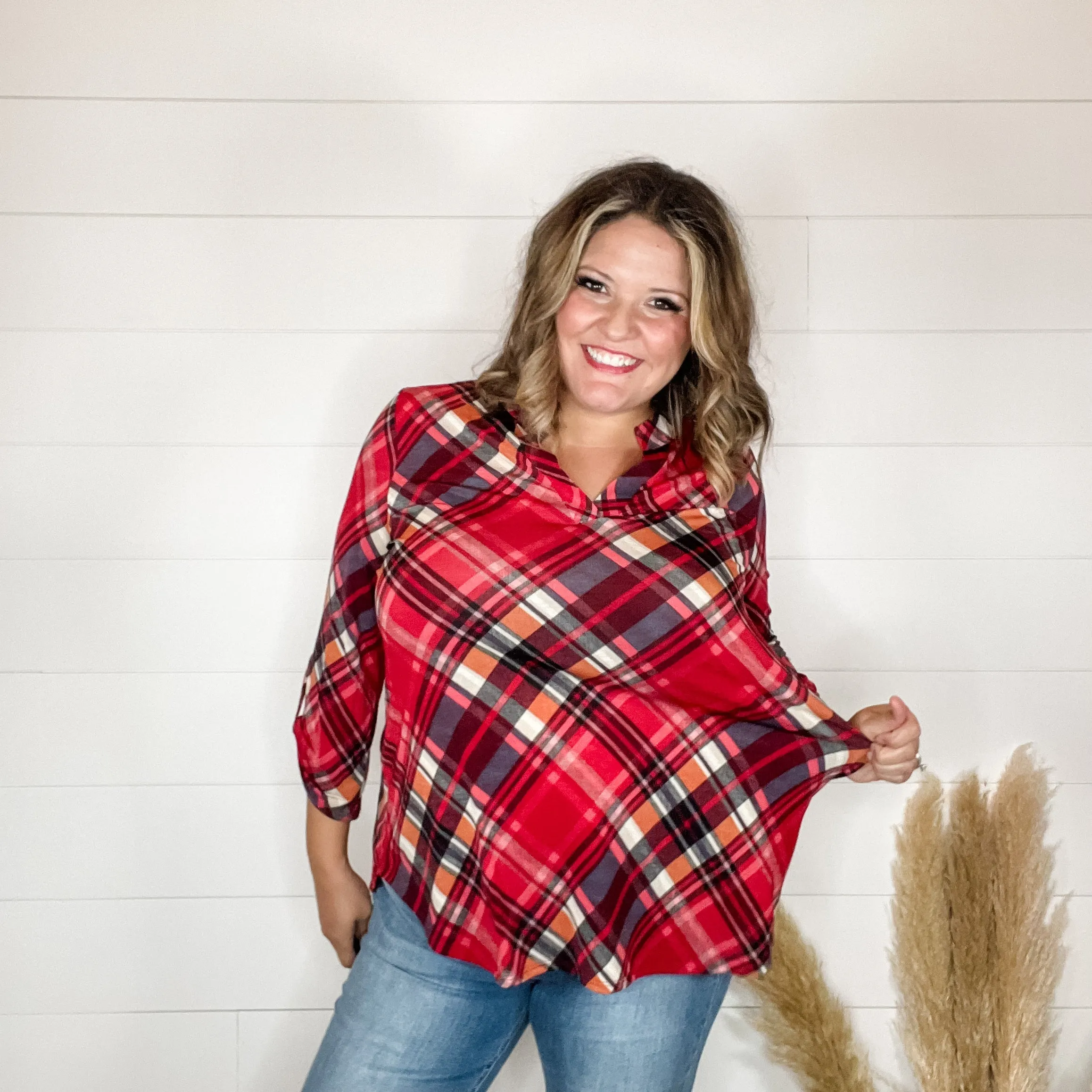 "Apple Crisp" Plaid Lizzy 3/4 Sleeve Split Neck