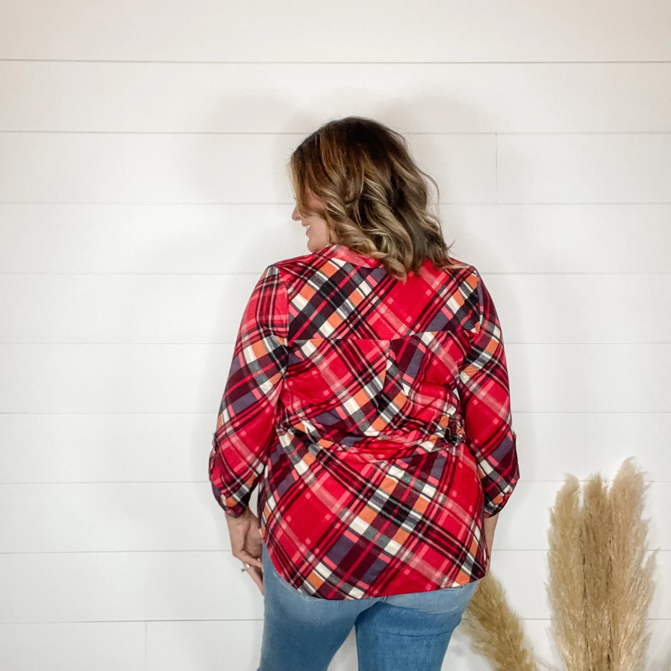 "Apple Crisp" Plaid Lizzy 3/4 Sleeve Split Neck