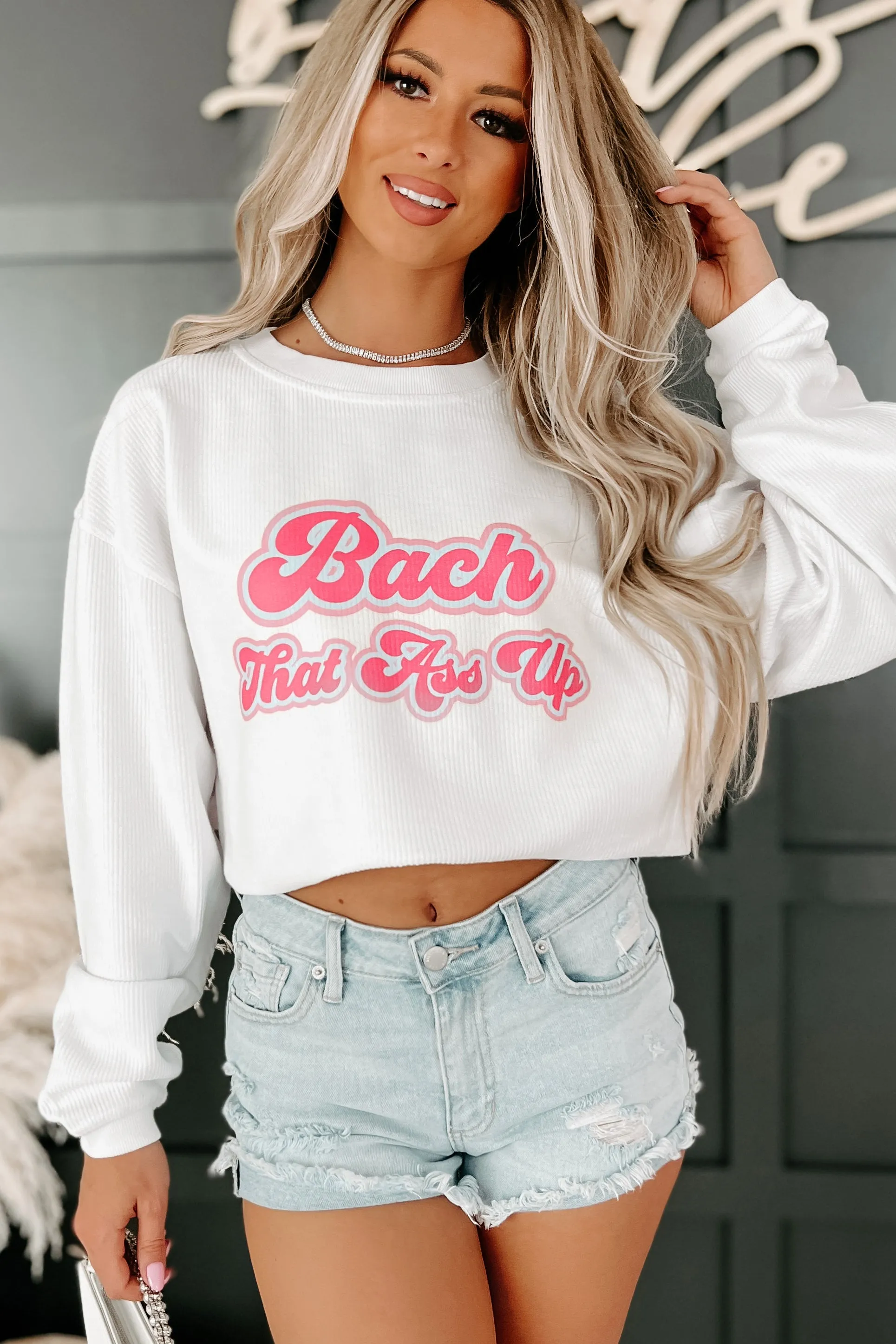 "Bach That Ass Up" Corded Graphic Crewneck (White/Pink) - Print On Demand