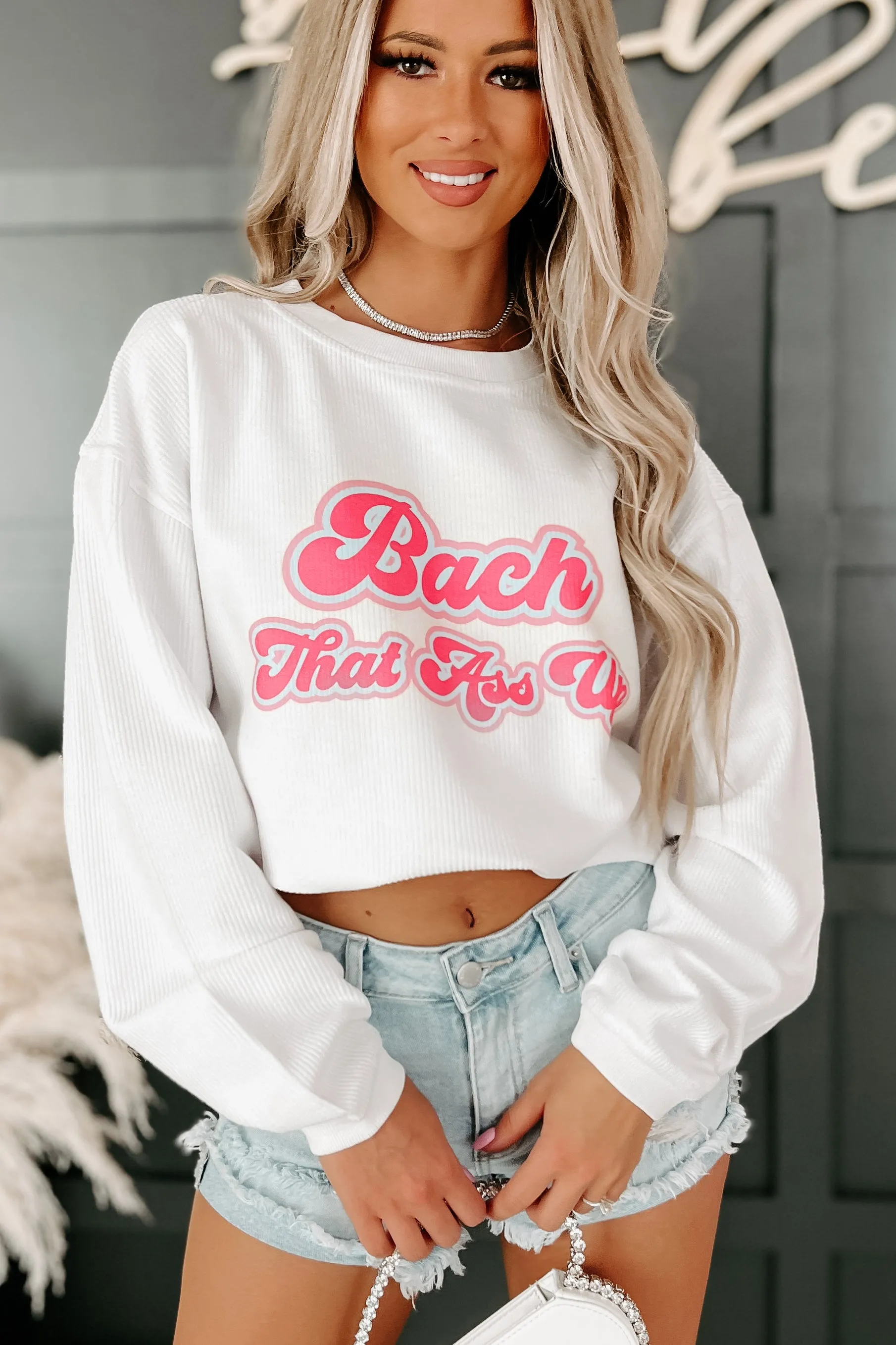 "Bach That Ass Up" Corded Graphic Crewneck (White/Pink) - Print On Demand