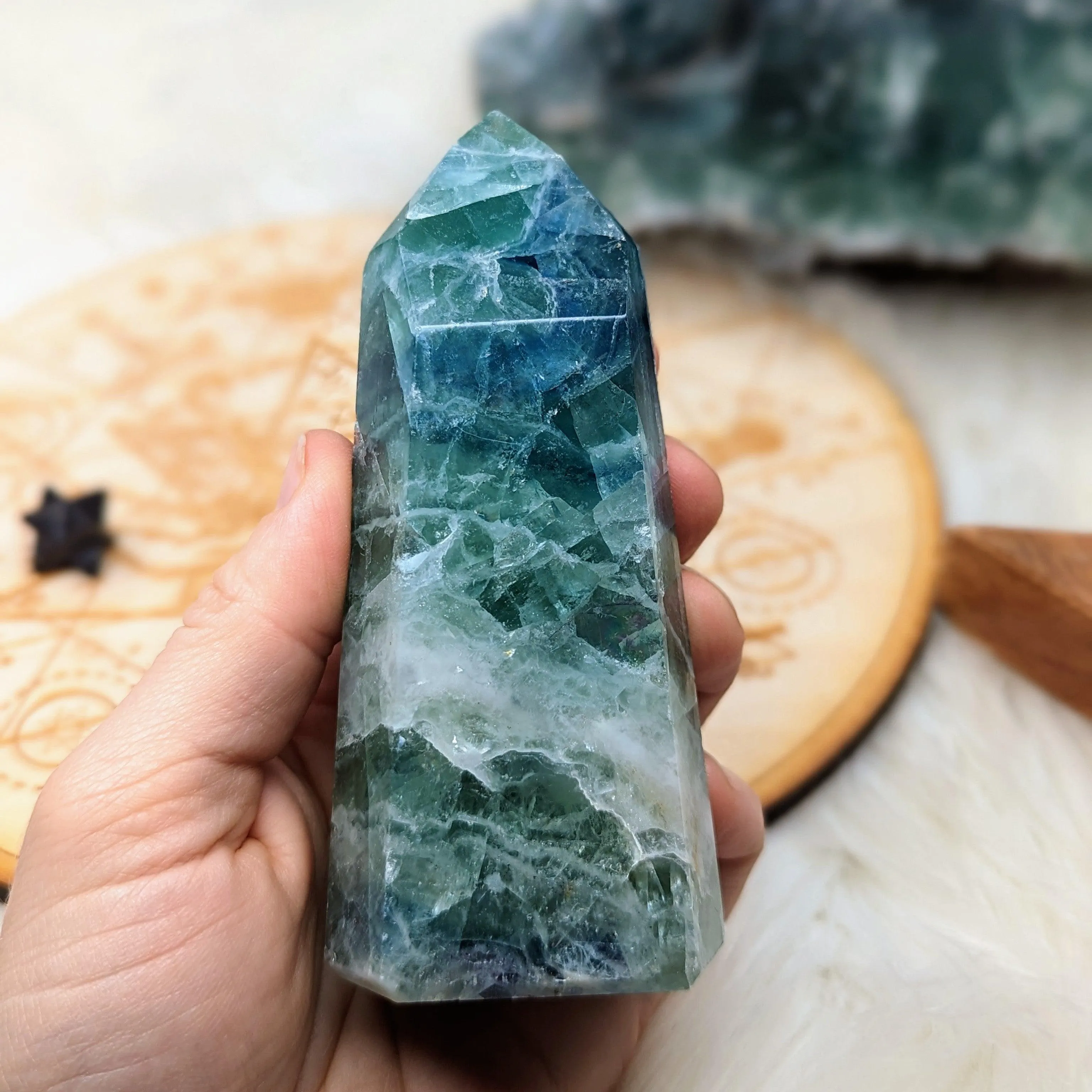 Rainbow Flourite Obelisk Carving ~Energy Generator~  Vibrant Greens and Blues