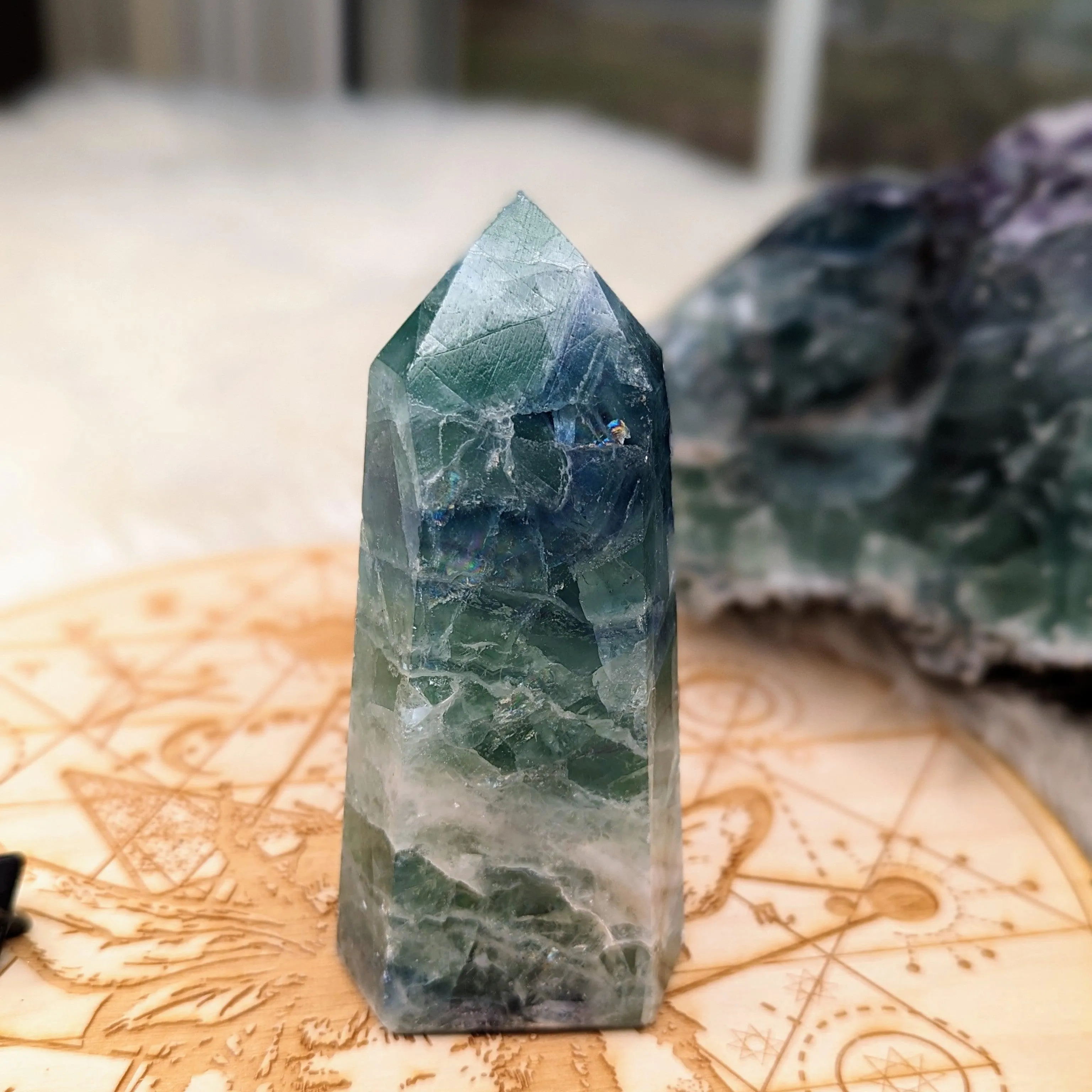 Rainbow Flourite Obelisk Carving ~Energy Generator~  Vibrant Greens and Blues