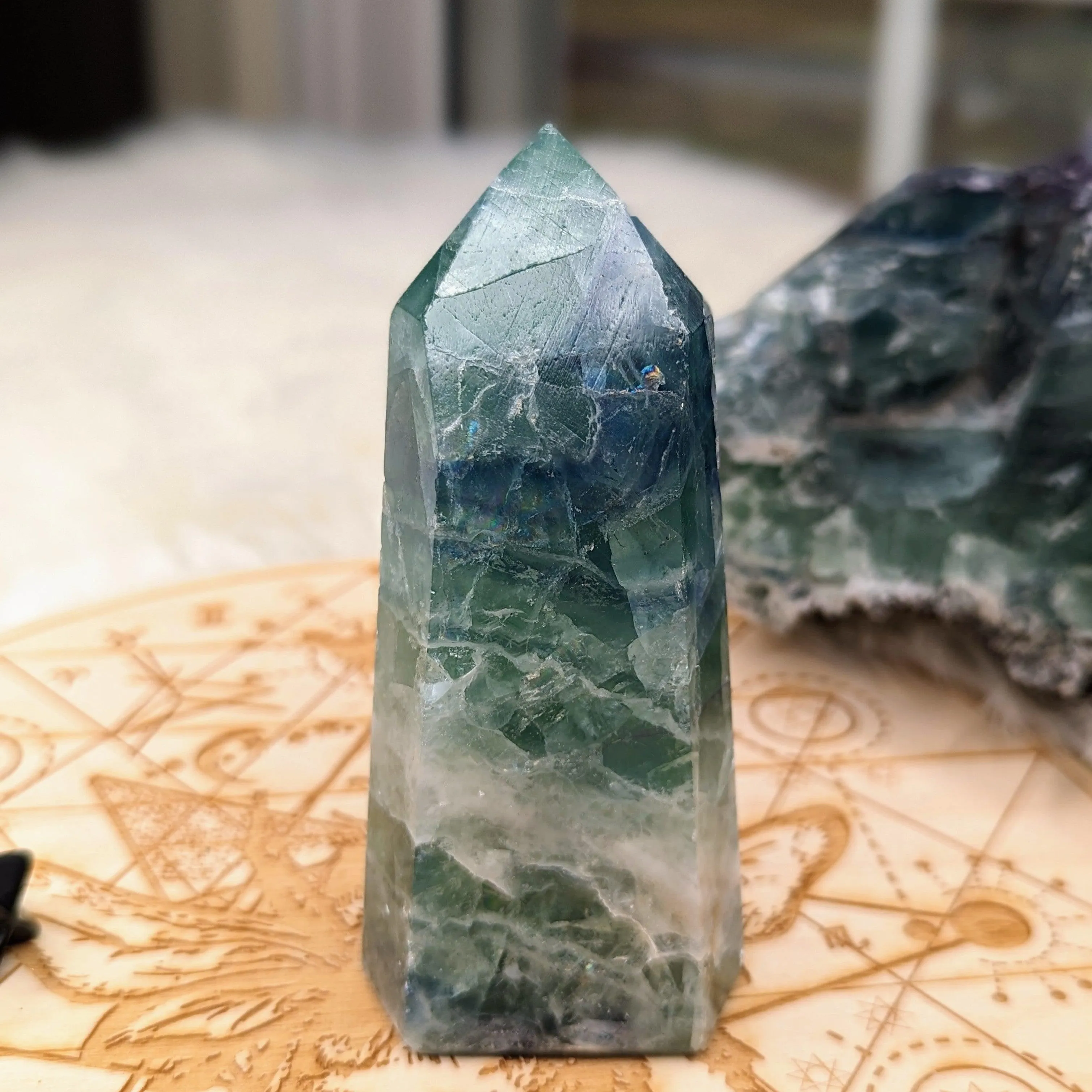 Rainbow Flourite Obelisk Carving ~Energy Generator~  Vibrant Greens and Blues