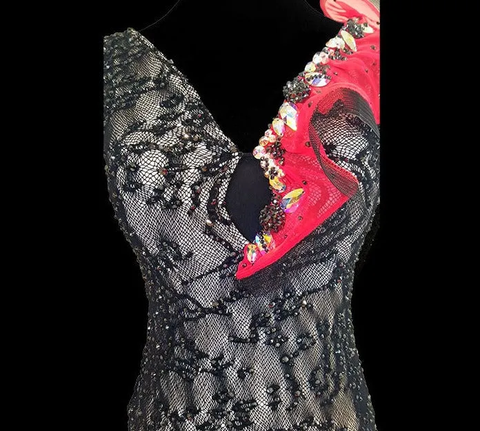 SALE! Volcano Red and Black Lace Latin/Rhythm Dress LAT025 sz X Small