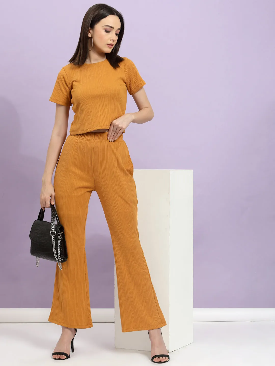 Self Textured Crop Top & Bell Bottoms With Pockets Co-Ord Set