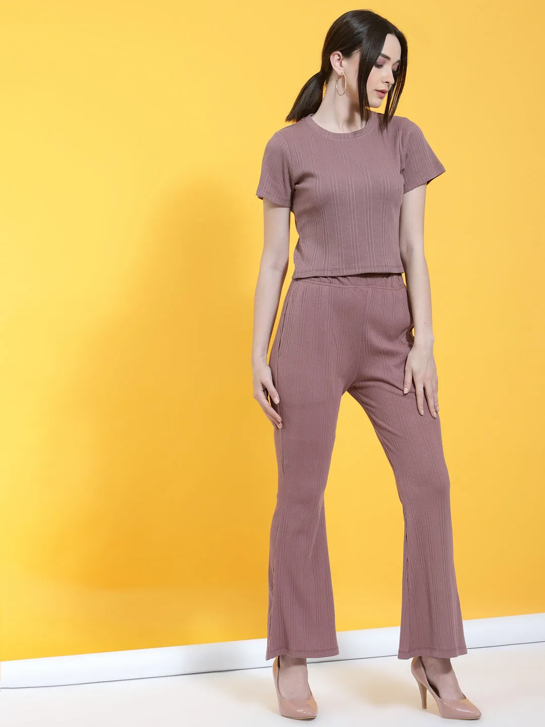 Self Textured Crop Top & Bell Bottoms With Pockets Co-Ord Set