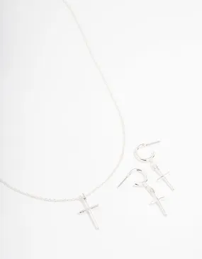 Silver Plated Sleek Cross Necklace & Earring Jewellery Set