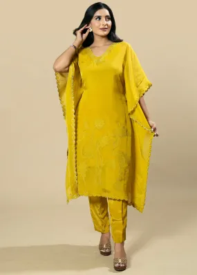 Sunflower Yellow Georgette Organza Handcrafted Applique Kaftan Set