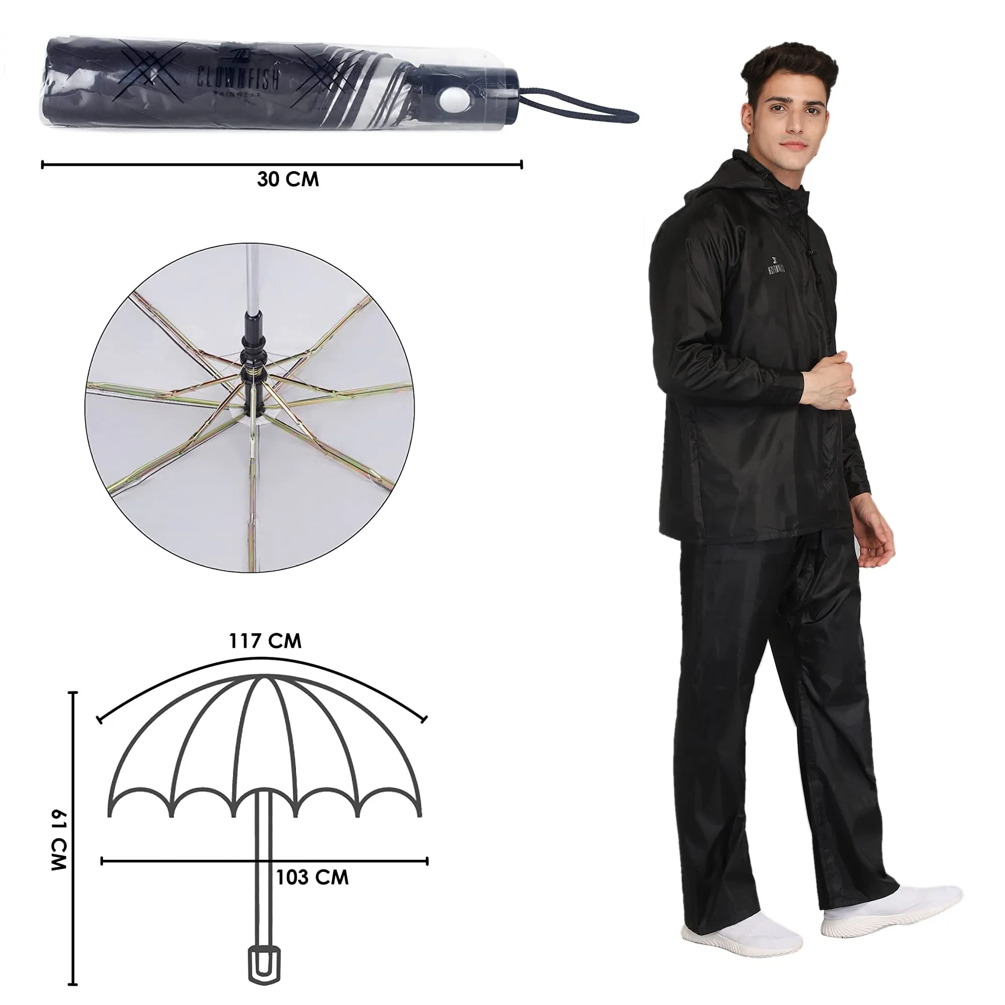 THE CLOWNFISH Combo Of Rain Coat for Men Waterproof Polyester (Black XL) Umbrella Savior Series 3 Fold Waterproof Polyester (Black)