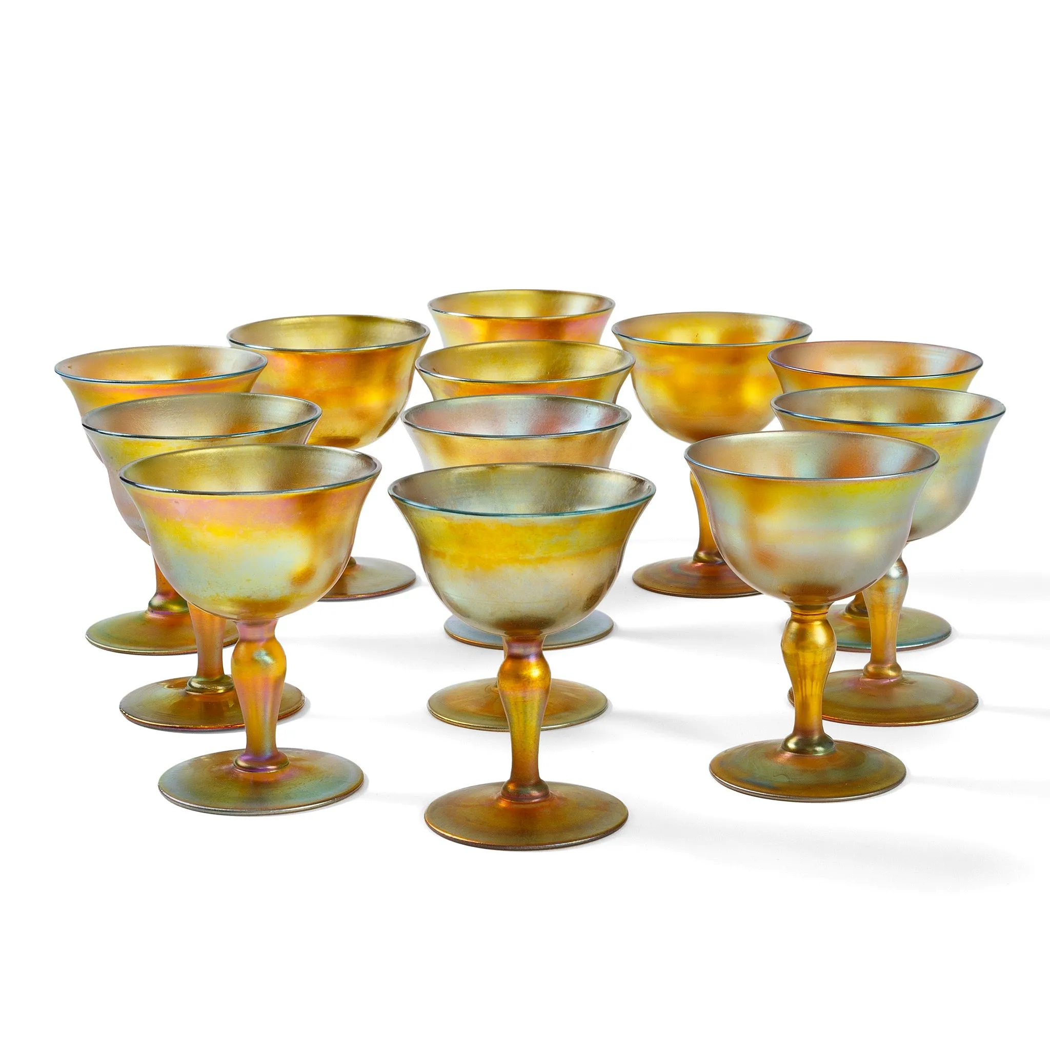 Tiffany Studios New York Set of Twelve Favrile Glass Cordials