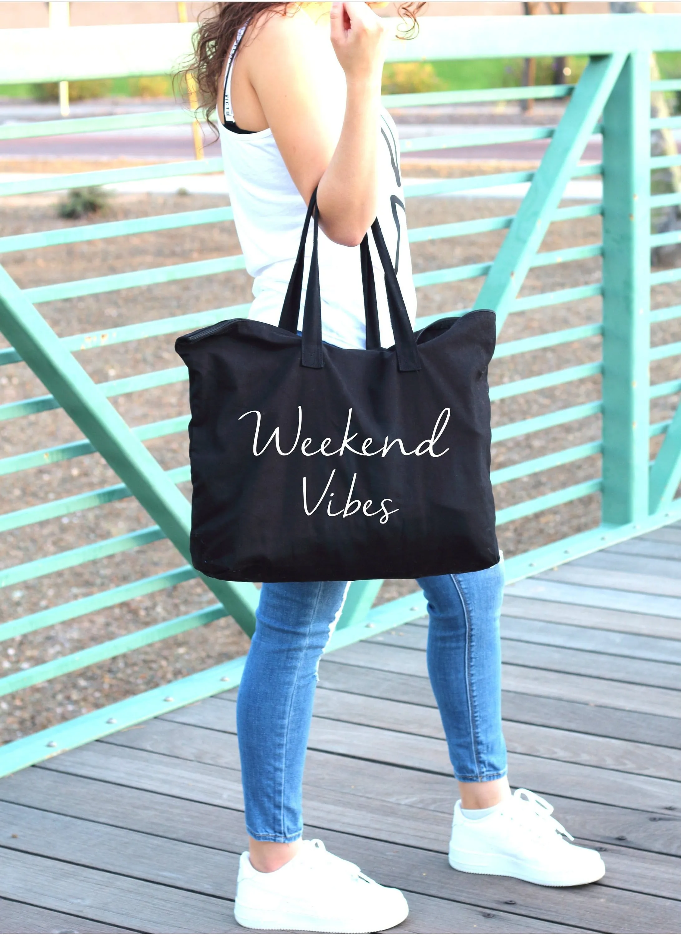 Weekend Vibes large custom zippered canvas black tote bag for women