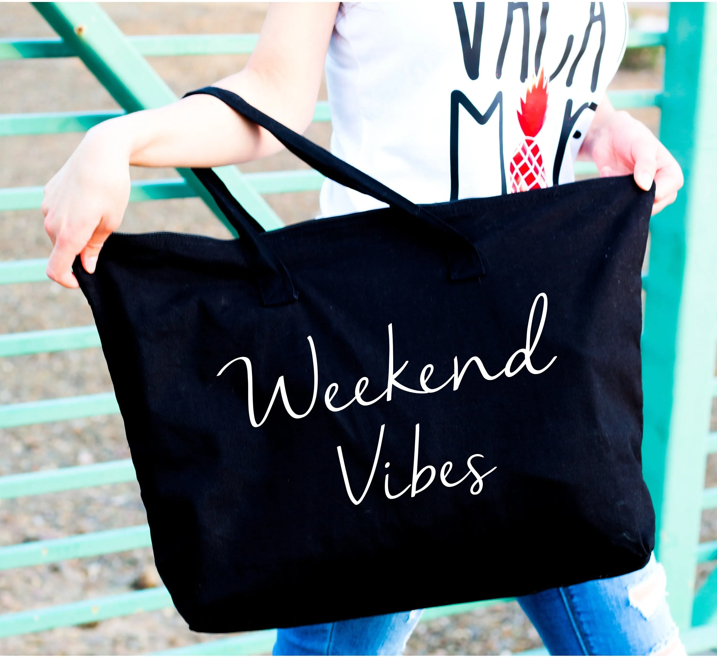 Weekend Vibes large custom zippered canvas black tote bag for women