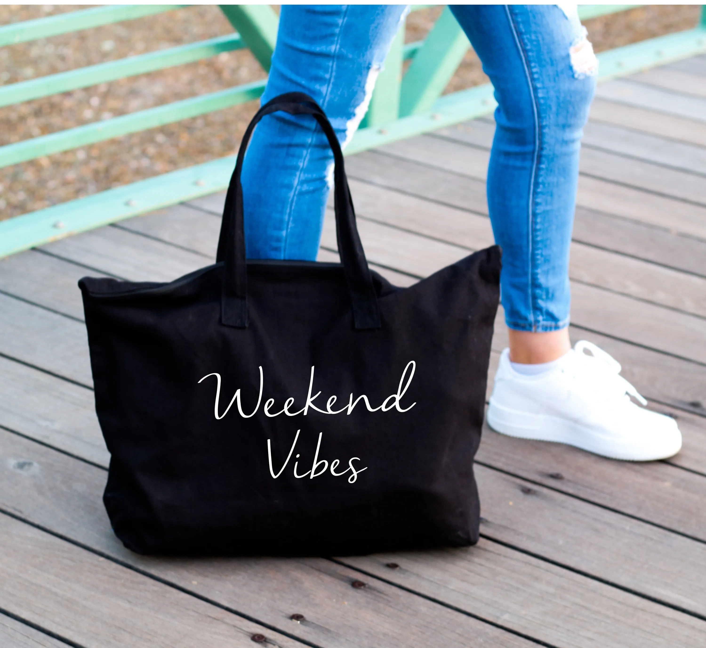 Weekend Vibes large custom zippered canvas black tote bag for women