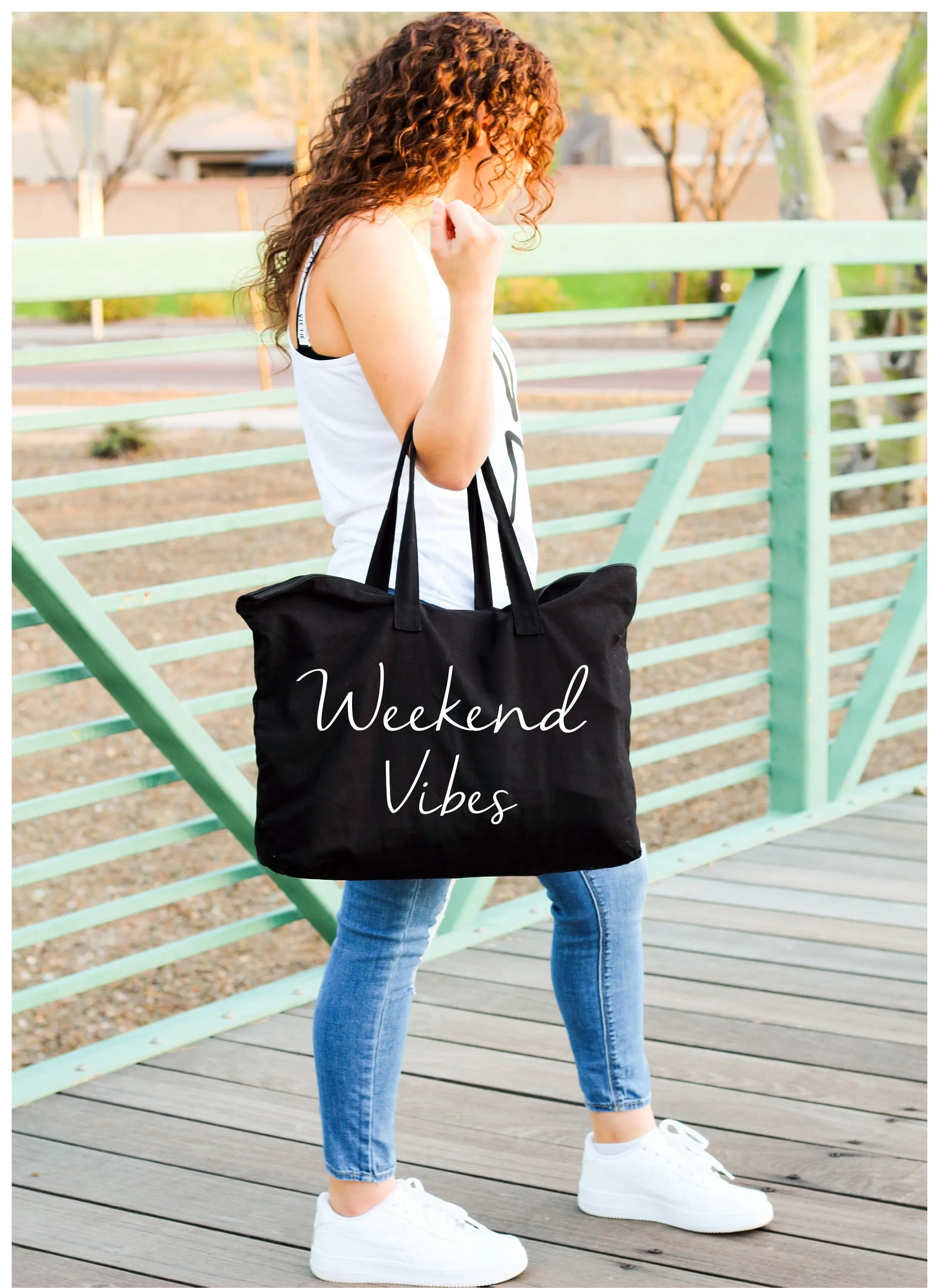 Weekend Vibes large custom zippered canvas black tote bag for women