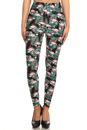 Women's 3X 5X Tropical Plant Flamingo Pattern Print Leggings