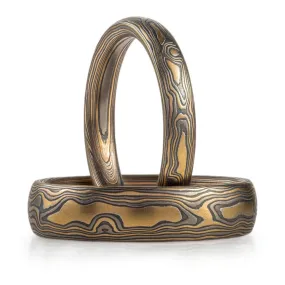 Woodsy Mokume Wedding Band Set in Flare Palette