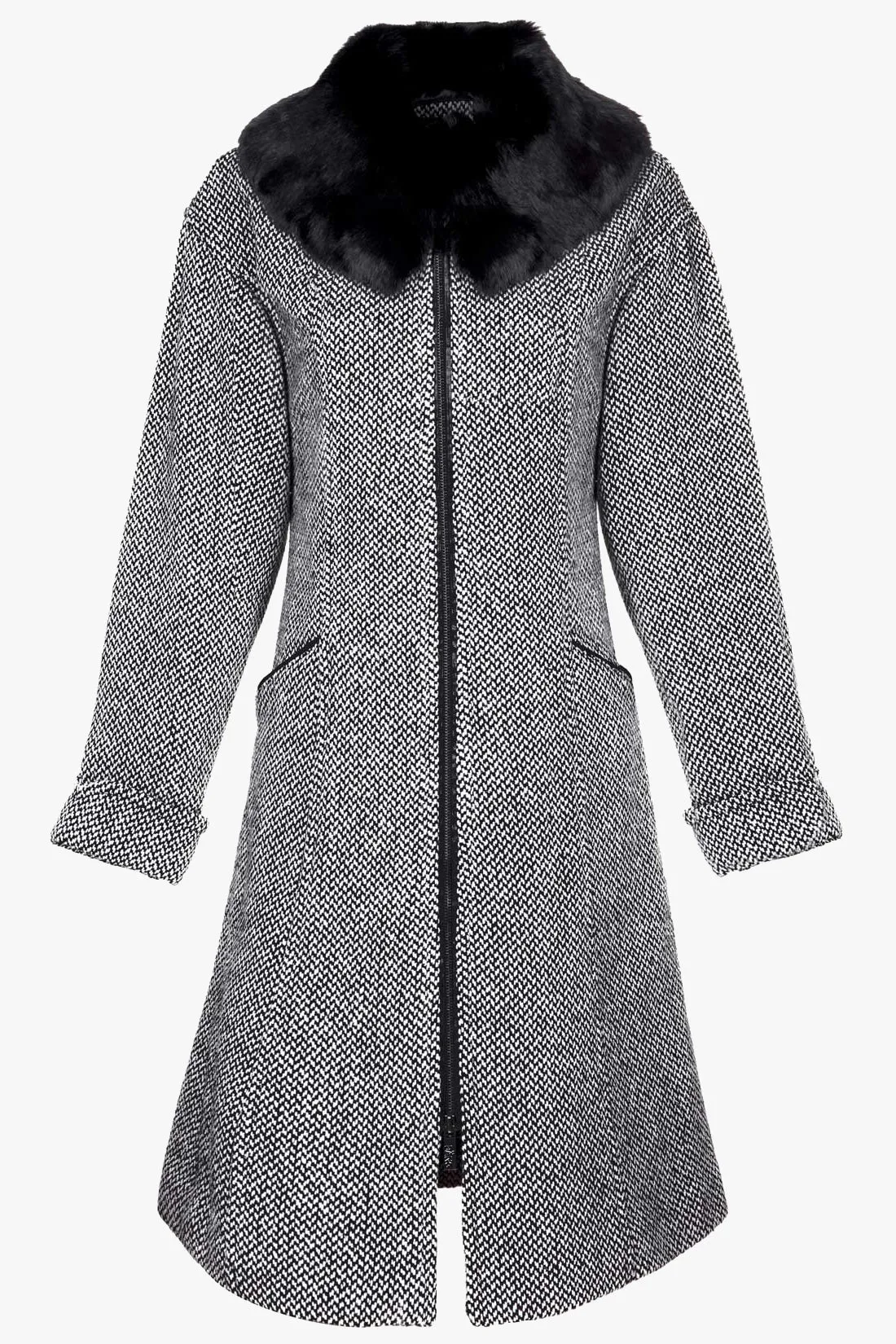 Wool coat with detachable real fur collar