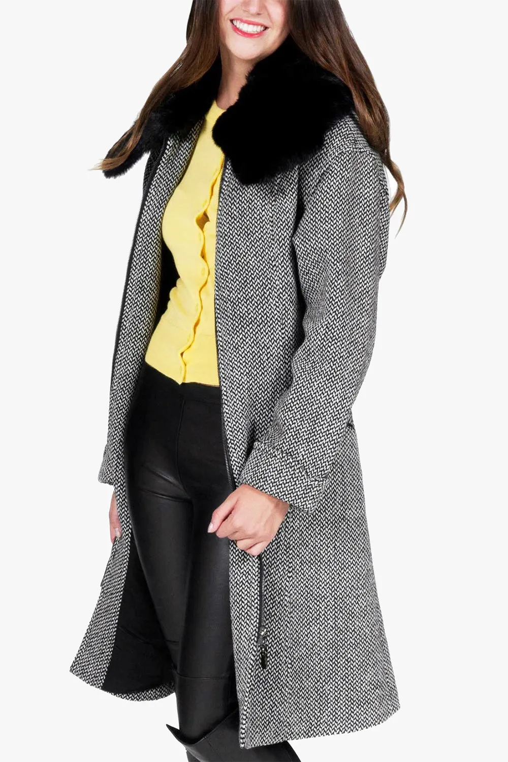 Wool coat with detachable real fur collar