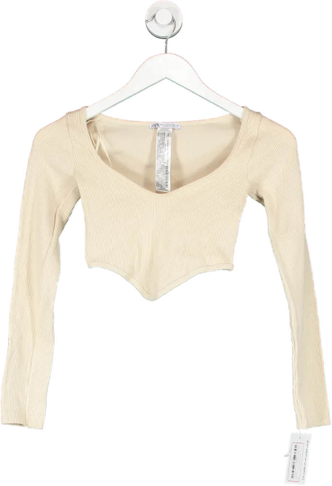 ZARA Cream Ribbed Long Sleeve Top UK XS/S